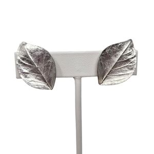 Vintage Crown Trifari Silver Tone Leaf Earrings Clip On Signed 50's 60's
